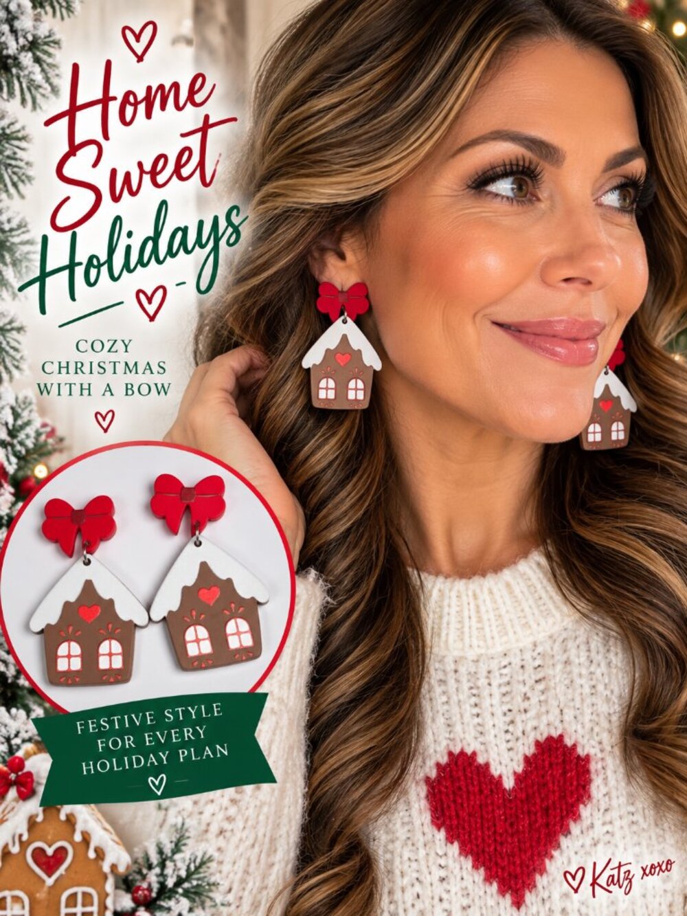Gingerbread House Earrings Red Bow Christmas Cottage Holiday Dangle Jewelry